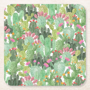 Hand Painted Cactus: Desert Green Square Paper Coaster