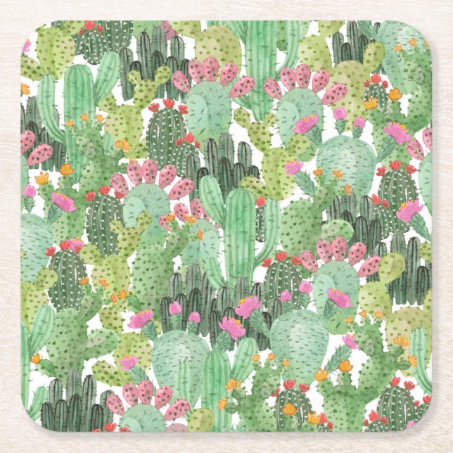 Hand Painted Cactus: Desert Green Square Paper Coaster (Front)