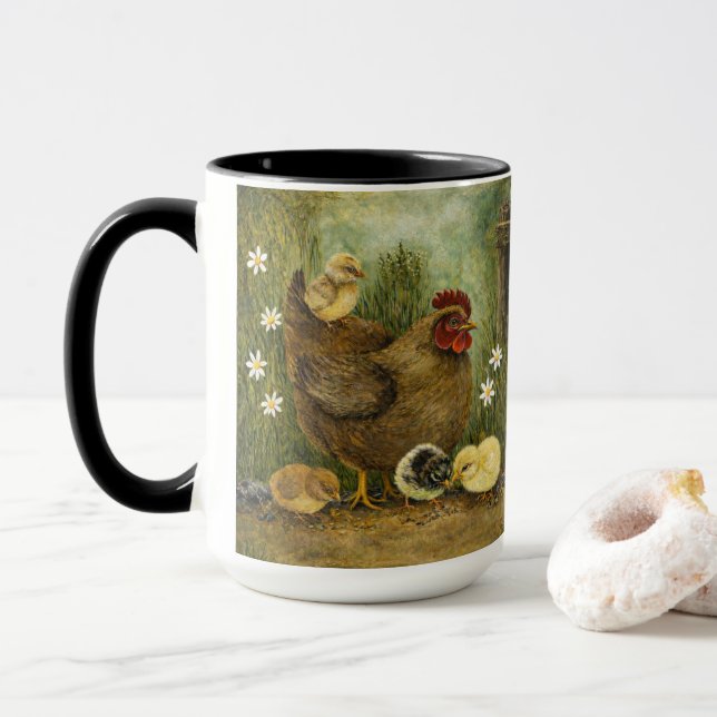 Hand-Painted Chicken & Chicks and Rooster Mug (With Donut)