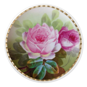 Hand Painted China Look Pink Roses Floral Antique Ceramic Knob