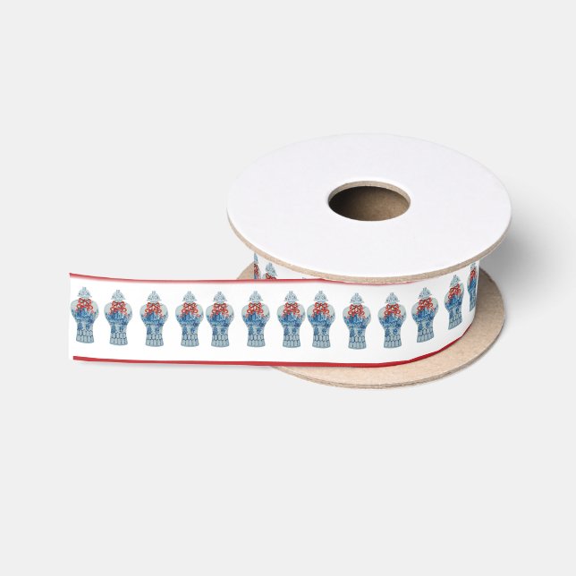 Hand Painted Christmas Blue and White Ginger Jar Satin Ribbon (Spool)