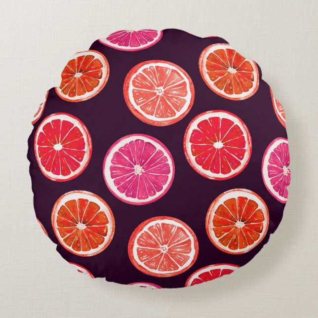 Hand Painted Citrus Dark Pattern Round Pillow (Front)