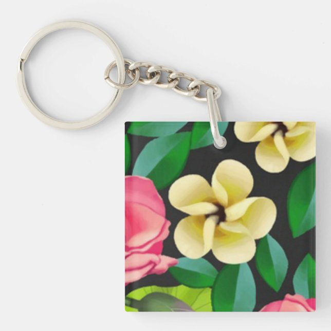 Hand Painted Colourful Flowers Design-67459 Keychain (Front)
