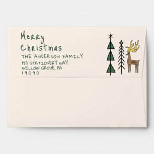 Hand Painted Cream Green Christmas Trees Reindeer Envelope