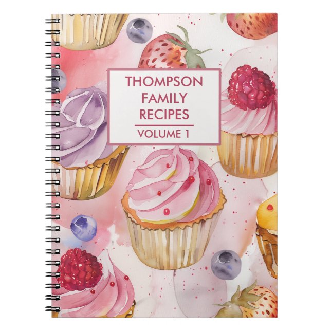 Hand painted cupcake berries personalized recipe notebook (Front)