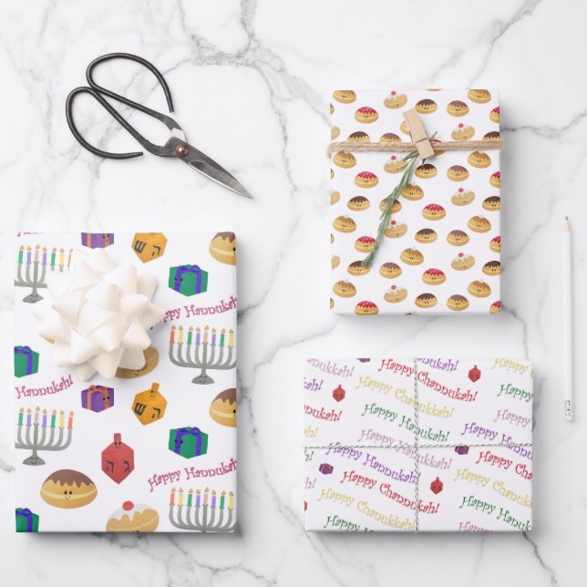 Hand Painted cute and fun Hannukah patterned Wrapping Paper Sheet (Front)