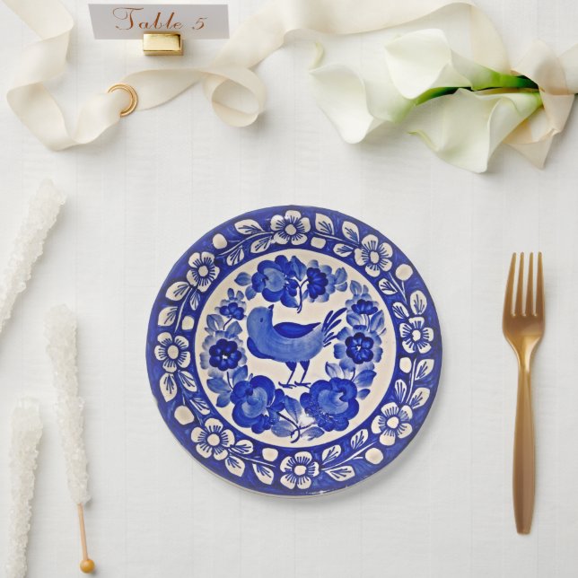 Hand Painted Delft Blue Pattern Bird and Flowers Paper Plate (Wedding)