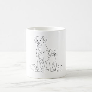 Hand Painted Dog and Cat Line Art Illustration Coffee Mug