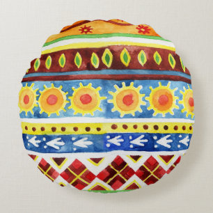 Hand Painted Ethnic Watercolor Pattern Round Pillow