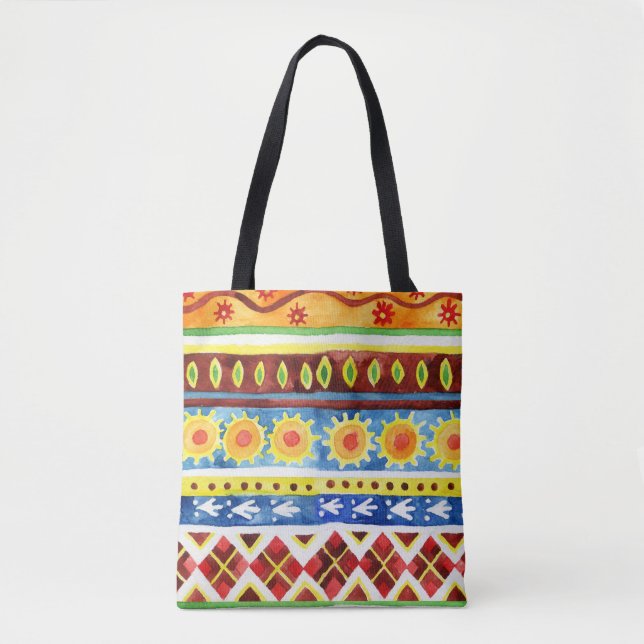 Hand Painted Ethnic Watercolor Pattern Tote Bag (Front)