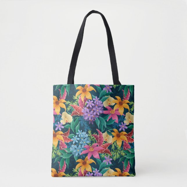 Hand Painted Exotic Floral Pattern Tote Bag (Front)
