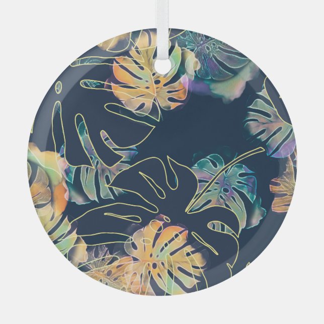 Hand-painted exotic leaves: seamless pattern. glass ornament (Front)