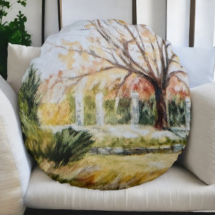 Hand painted fall watercolor nature trees yellow  round pillow
