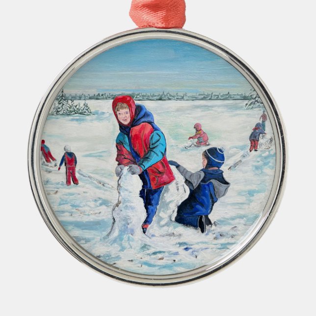 Hand Painted First Snow Fall Red/ Blue  Metal Ornament (Front)