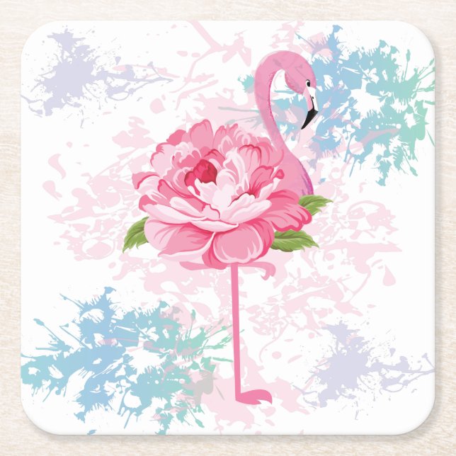 Hand painted flamingo square paper coaster (Front)