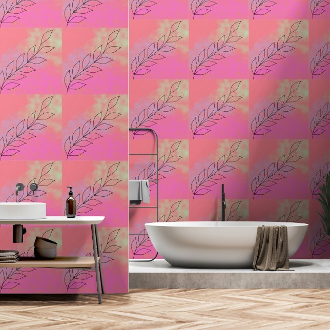 Hand Painted  Floral botanical pink Peel and Stick Wallpaper (Bathroom)