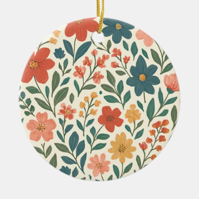 Hand-Painted Floral Pattern – Colourful Botanical  Ceramic Ornament (Front)