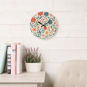 Hand-Painted Floral Pattern – Colourful Botanical Large Clock