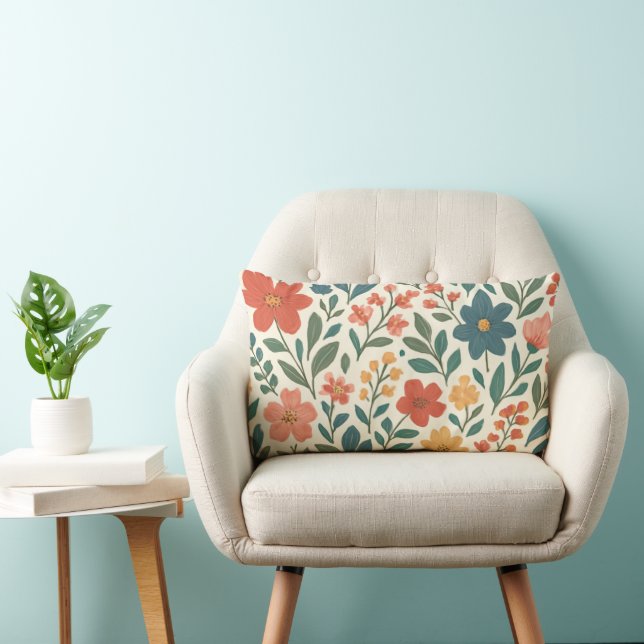 Hand-Painted Floral Pattern – Colourful Botanical  Lumbar Pillow (Chair)