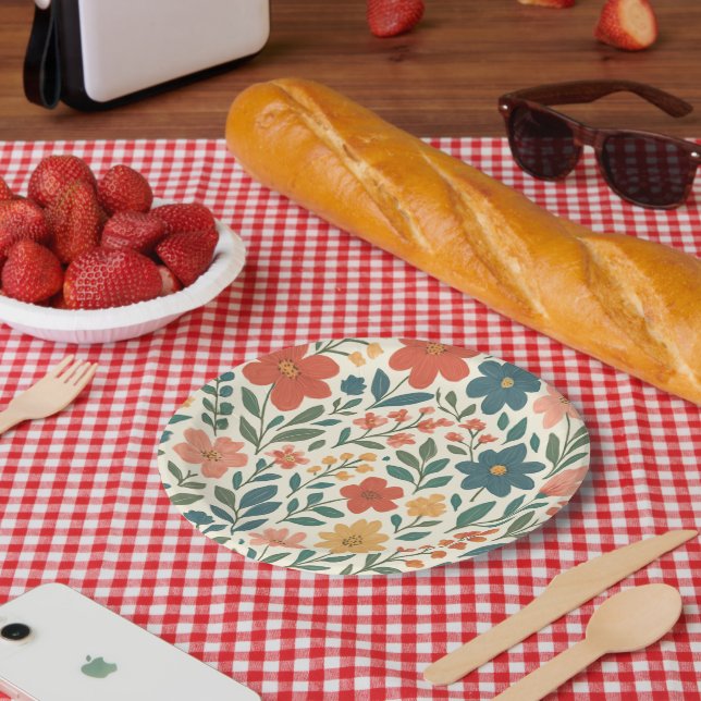 Hand-Painted Floral Pattern – Colourful Botanical  Paper Plate (Picnic)