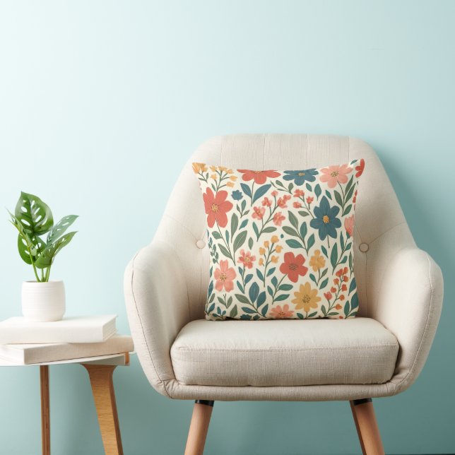 Hand-Painted Floral Pattern – Colourful Botanical  Throw Pillow (Chair)