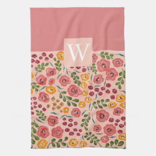 Hand-painted Floral Pink Red Name Monogram Kitchen Towel