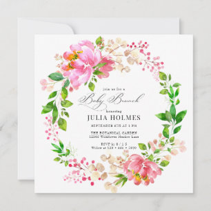 Hand Painted Floral Pink Wreath Baby Shower Invitation