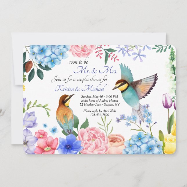 Hand-Painted Floral with Birds Invitation (Front)