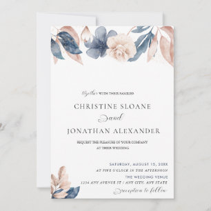Hand Painted Flowers   Blush and Blue Wedding  Invitation