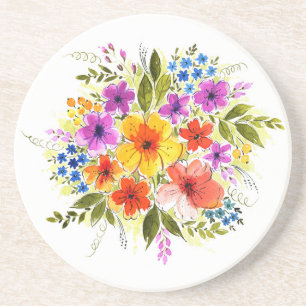Hand-painted flowers, bright watercolor bouquet. coaster