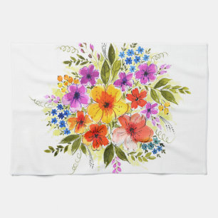 Hand-painted flowers, bright watercolor bouquet. kitchen towel