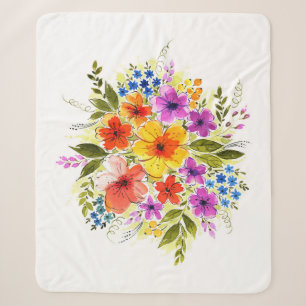 Hand-painted flowers, bright watercolor bouquet. sherpa blanket