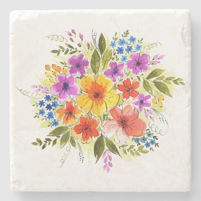 Hand-painted flowers, bright watercolor bouquet. stone coaster (Front)