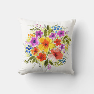 Hand-painted flowers, bright watercolor bouquet. throw pillow