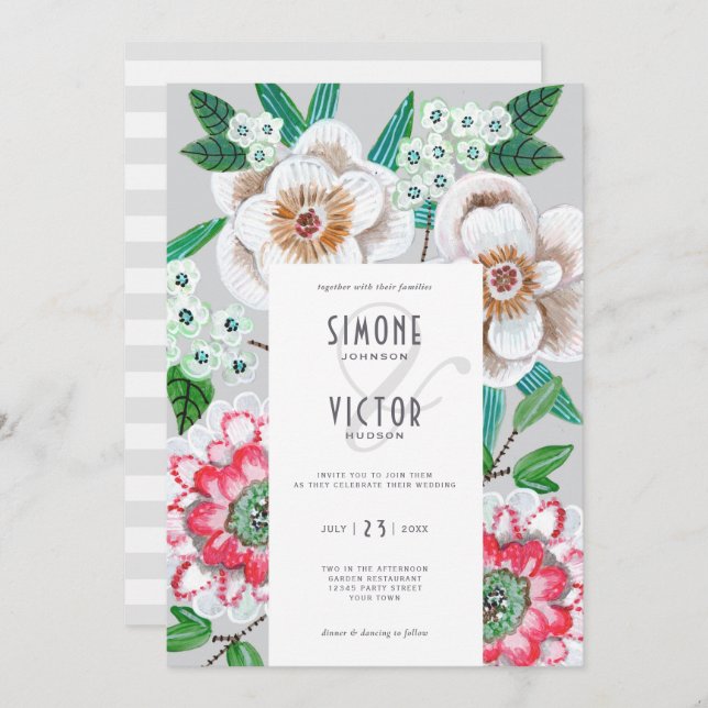 Hand painted flowers green elegant wedding invitation (Front/Back)