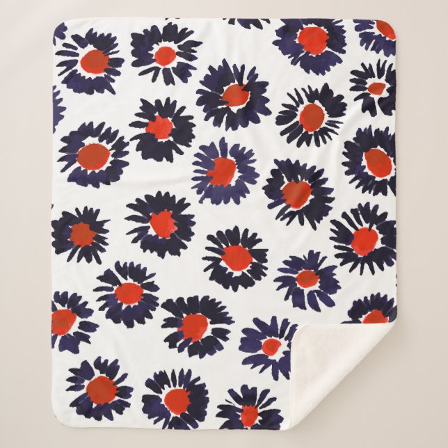 Hand-painted flowers, red and blue pattern. sherpa blanket (Front)