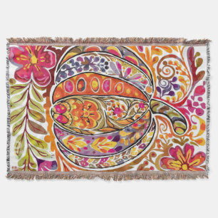 Hand-Painted Folk Art Pumpkin –Rustic Fall Throw Blanket