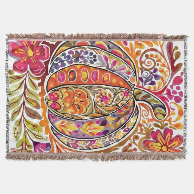 Hand-Painted Folk Art Pumpkin –Rustic Fall Throw Blanket (Front)