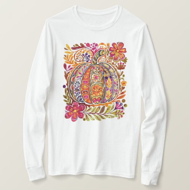 Hand-Painted Folk Art Pumpkin T-Shirt –Rustic Fall (Design Front)