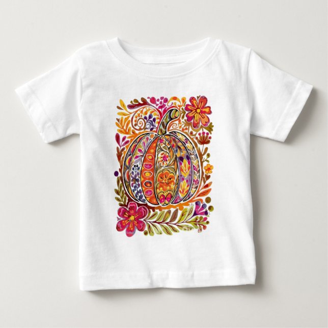 Hand-Painted Folk Art Pumpkin T-Shirt –Rustic Fall (Front)