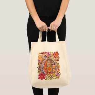 Hand-Painted Folk Art Pumpkin Tote Bag Rustic Fall