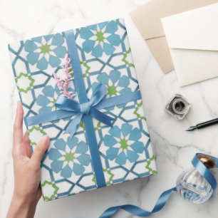 Hand painted geometric aqua blue moroccan ethnic wrapping paper