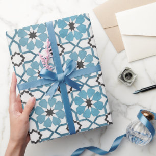 Hand painted geometric aqua blue moroccan ethnic wrapping paper