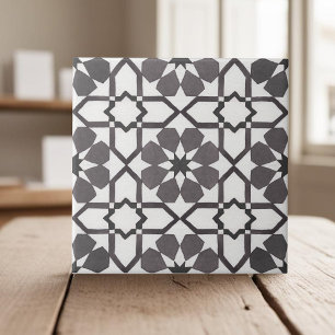 Hand painted geometric black white moroccan ethnic tile
