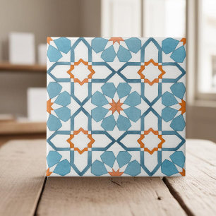 Hand painted geometric teal blue moroccan ethnic tile
