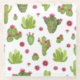 Hand Painted Green Cactus Pattern Glass Coaster