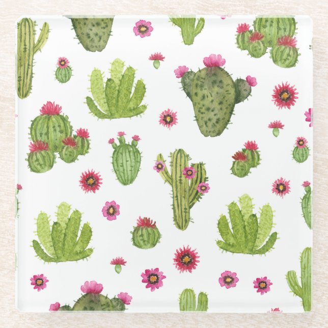 Hand Painted Green Cactus Pattern Glass Coaster (Front)