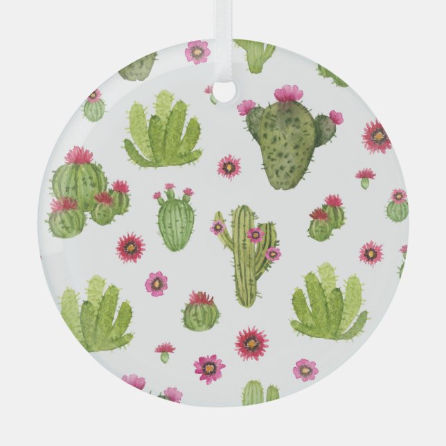 Hand Painted Green Cactus Pattern Glass Ornament (Front)
