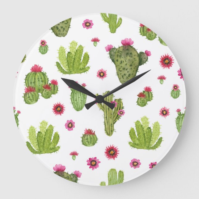 Hand Painted Green Cactus Pattern Large Clock (Front)