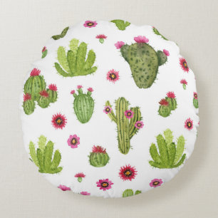 Hand Painted Green Cactus Pattern Round Pillow